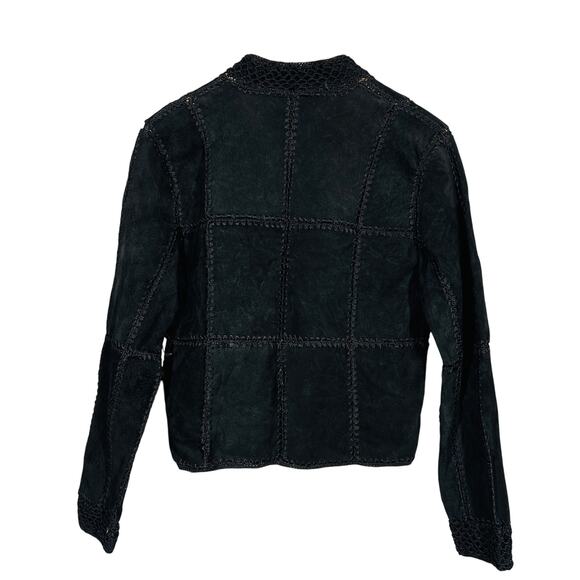 Vintage Suede Crochet Patchwork Jacket Shacket Black Knit Square Button Front S - Picture 4 of 12
